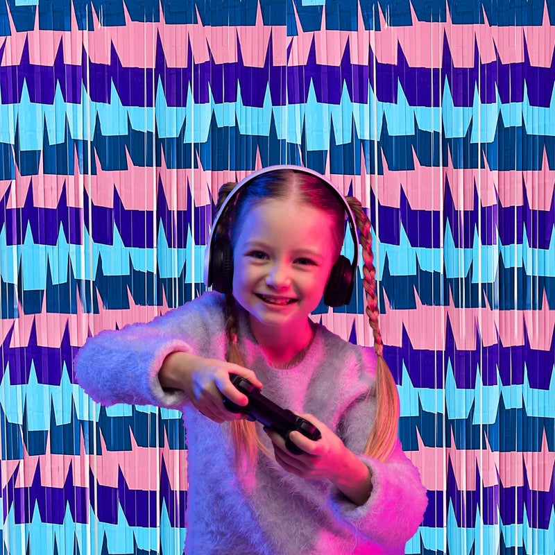 partyzoa Video Game Foil Fringe Curtains Backdrop Birthday Party Decorations, 2 Pack 3.28 x 6.56 Ft Purple Blue Pink Tinsel Streamer Photo Booth Props for Boys Gaming Baby Shower Party Decor Supplies Favors - Image 4
